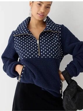 J. Crew Navy Patterned Sherpa Half-Zip Jacket